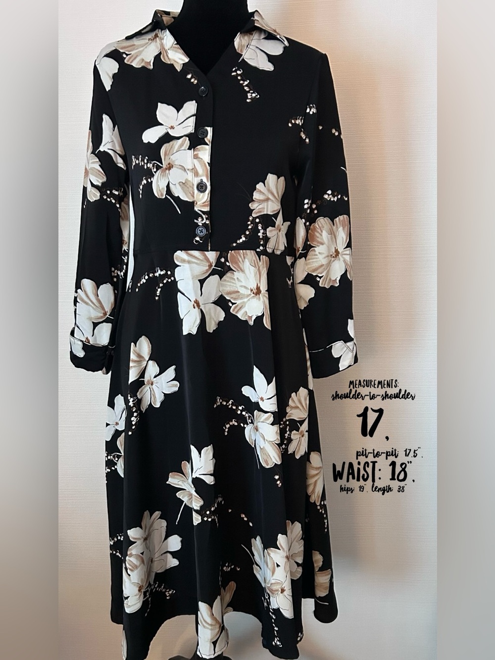 May House Black and Cream Magnolia Patterned Collared Dress